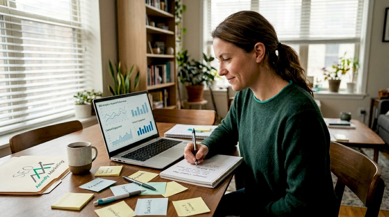 Marketer developing SEO content strategy at home