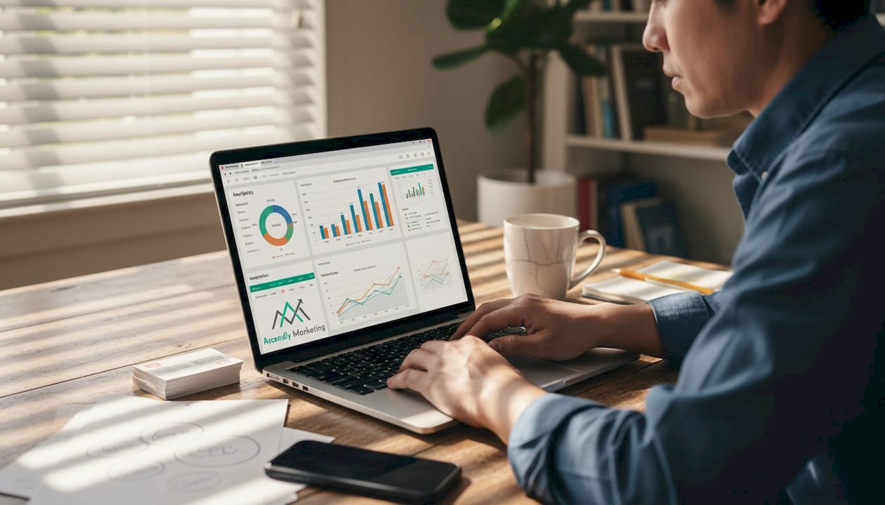 Small business owner analyzing SEO metrics