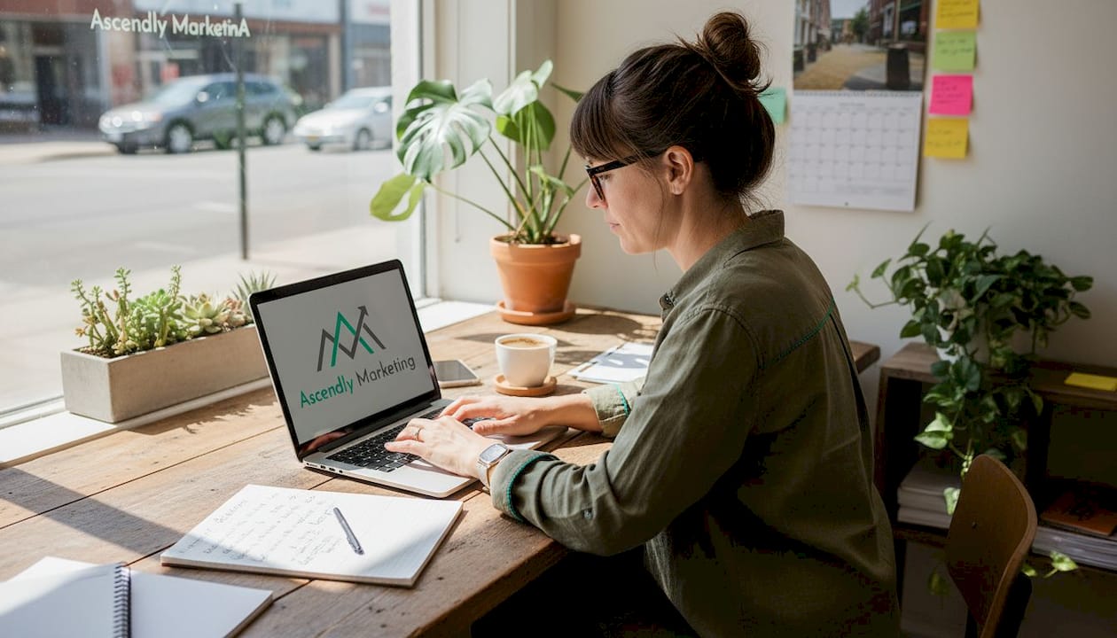 Small business owner researches SEO keywords