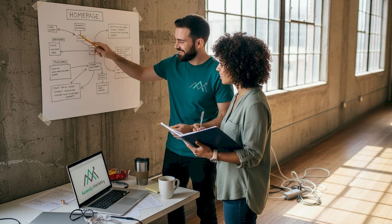 Web designers reviewing sitemap together
