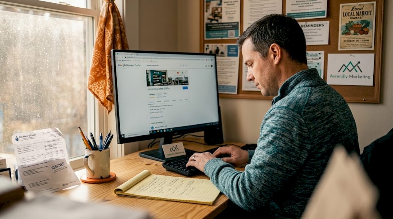 Owner updating business profile at wooden desk