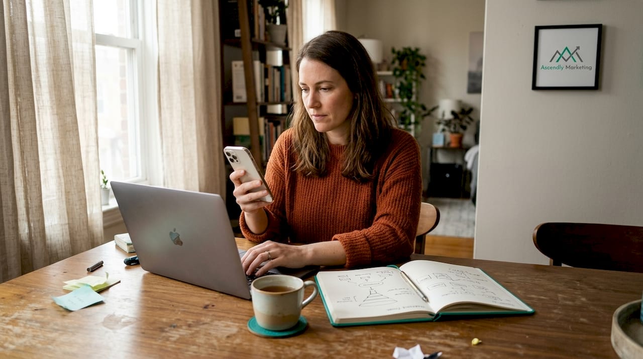 Woman automating marketing tasks at home workspace