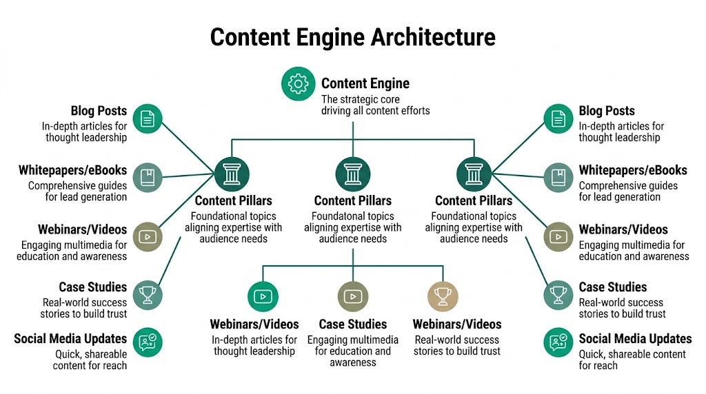 A diagram illustrating a strategic content engine architecture, detailing content pillars and various content formats for marketing.