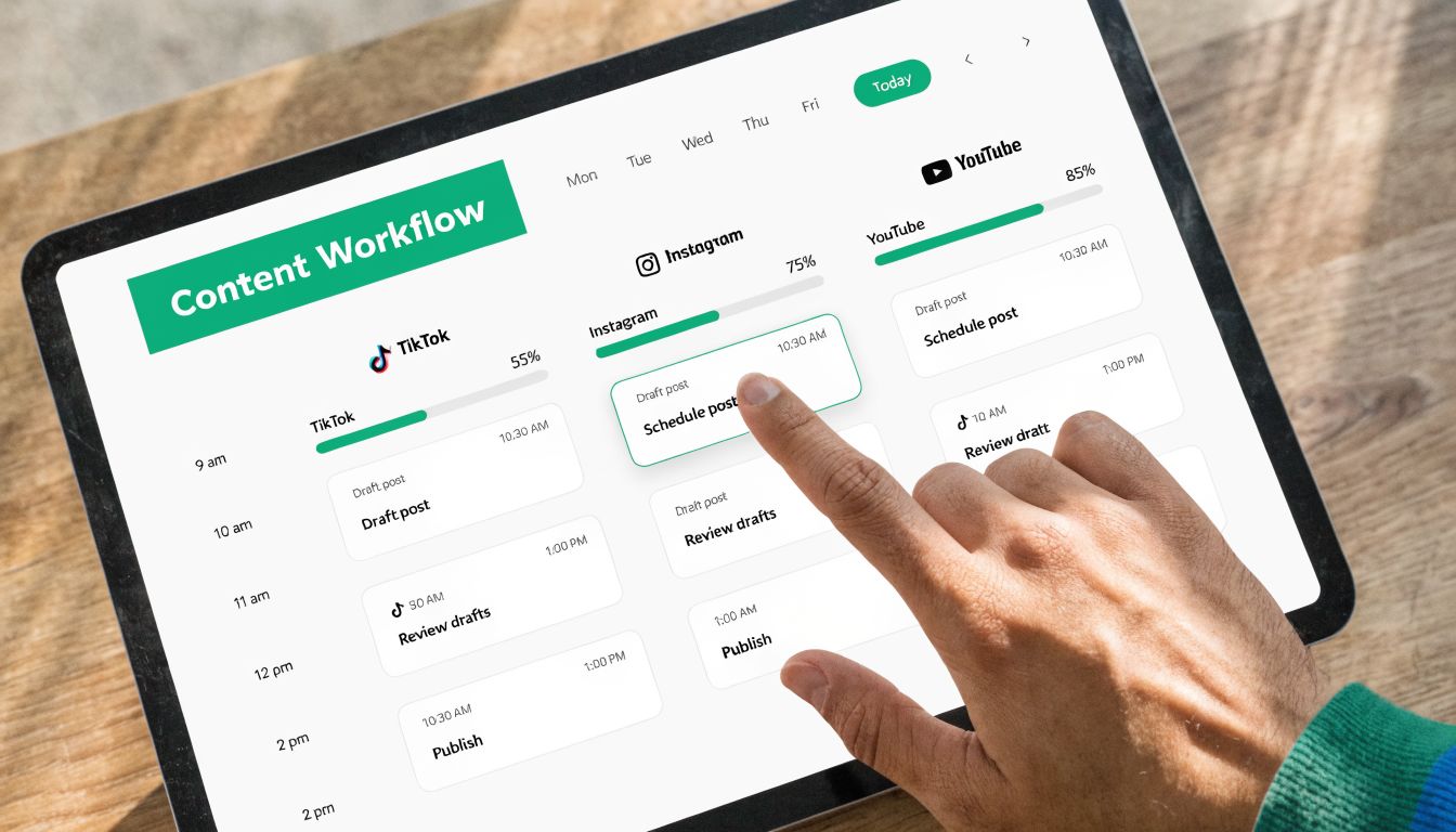A hand touching a tablet screen displaying a content workflow schedule for various social media platforms.