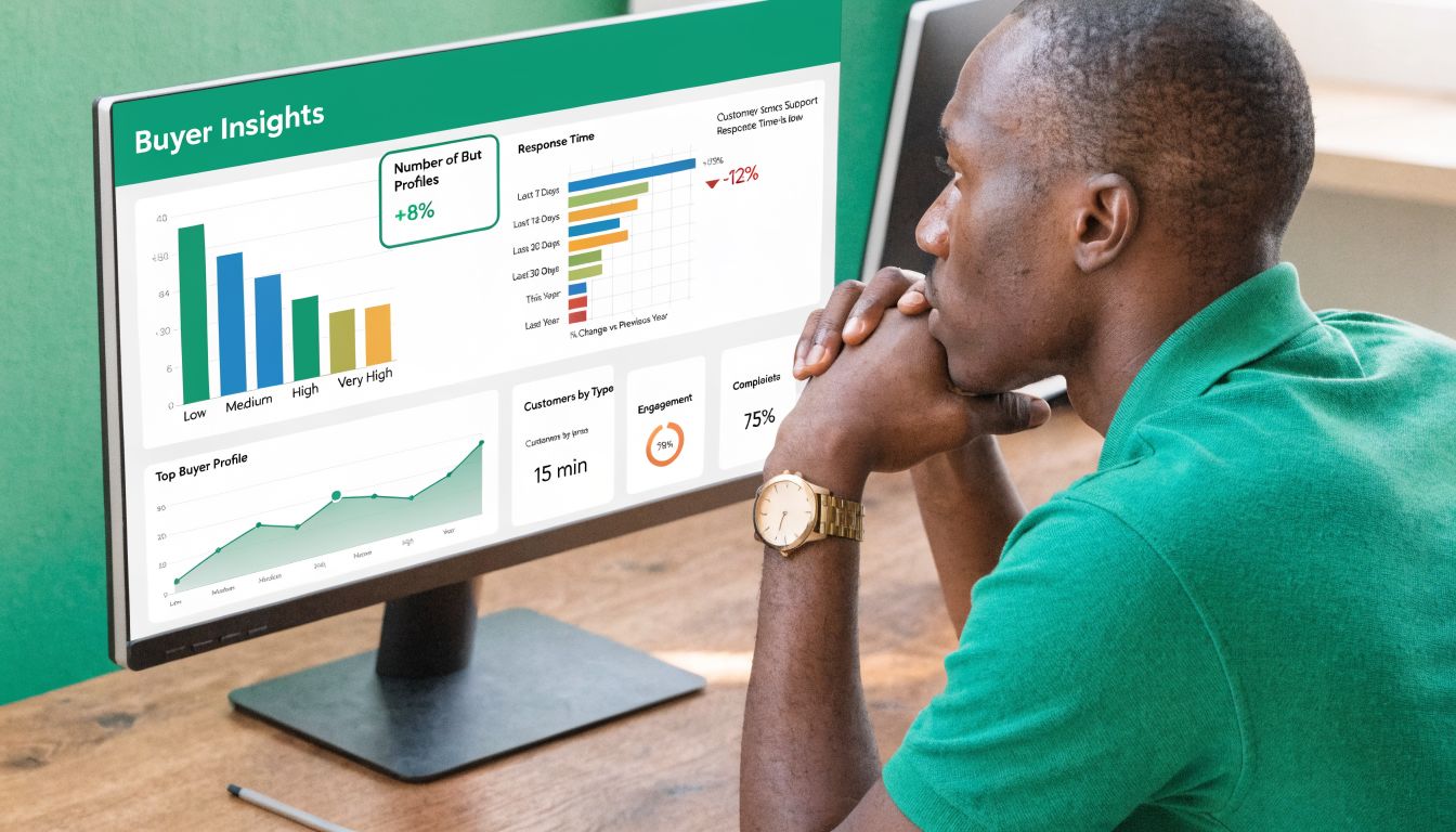 A professional analyzing business analytics and buyer insights on a desktop computer screen in an office.