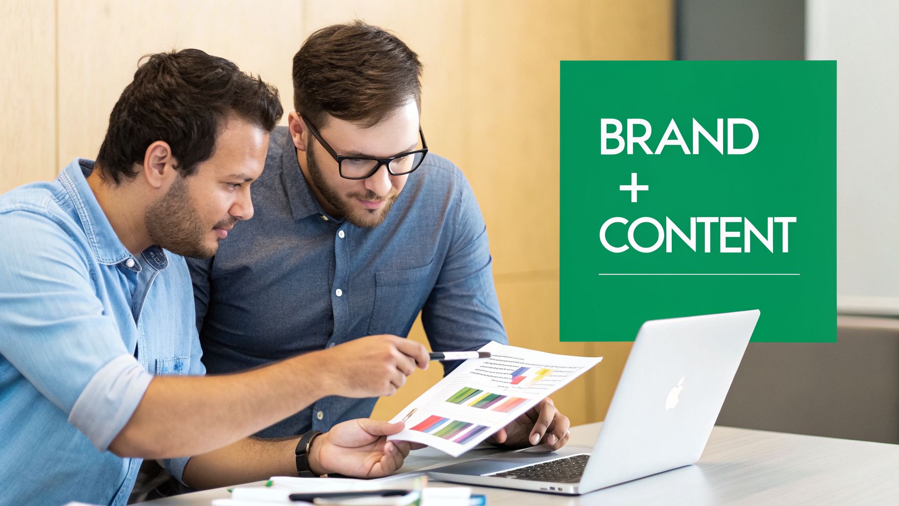 Two men collaborating at a desk, reviewing charts and data on a document and laptop, discussing branding and content.