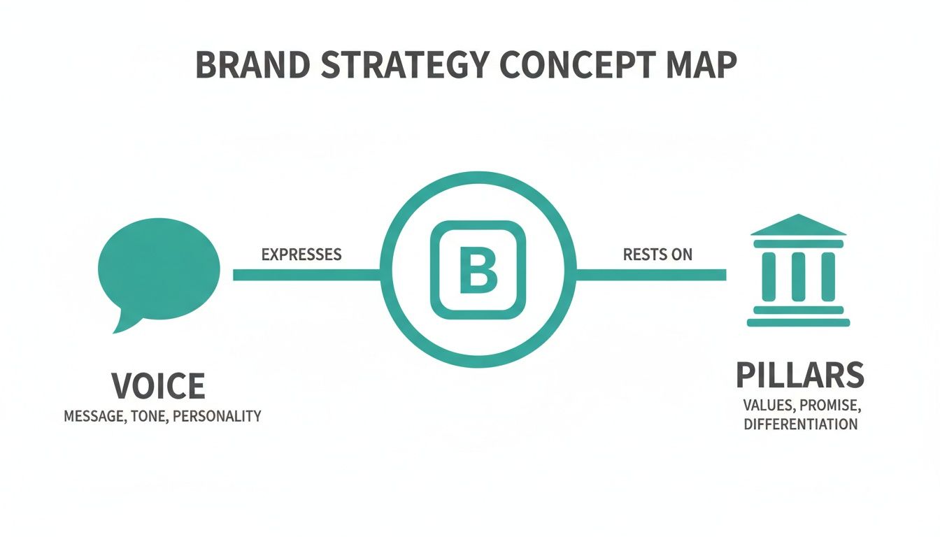 Brand strategy concept map with voice expressing the brand, which rests on pillars of values and promise.
