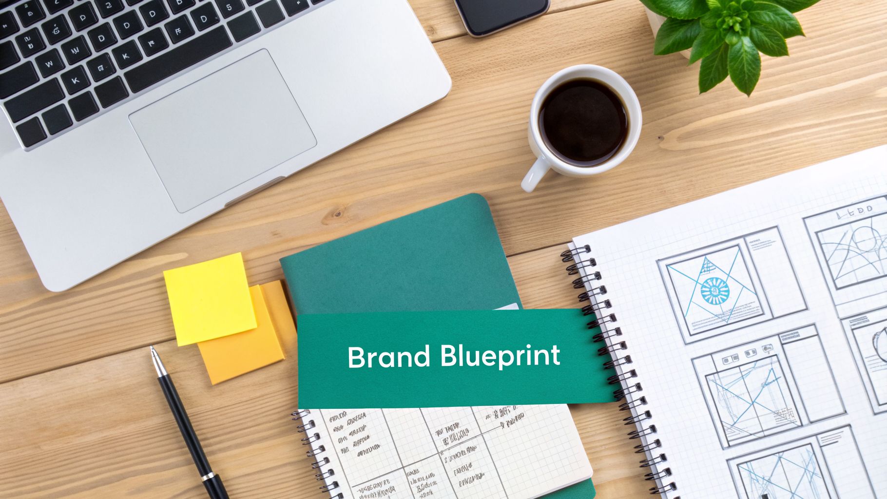 Overhead view of a wooden desk with a laptop, coffee, plant, and design notebooks, featuring 'brand blueprint' text.