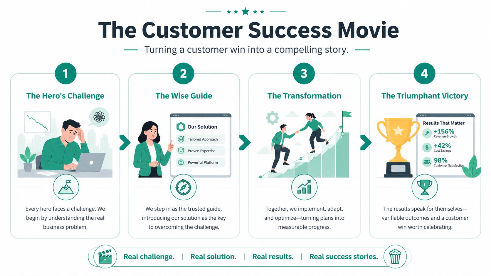 An infographic titled the customer success movie illustrating four steps to create compelling customer success story narratives.