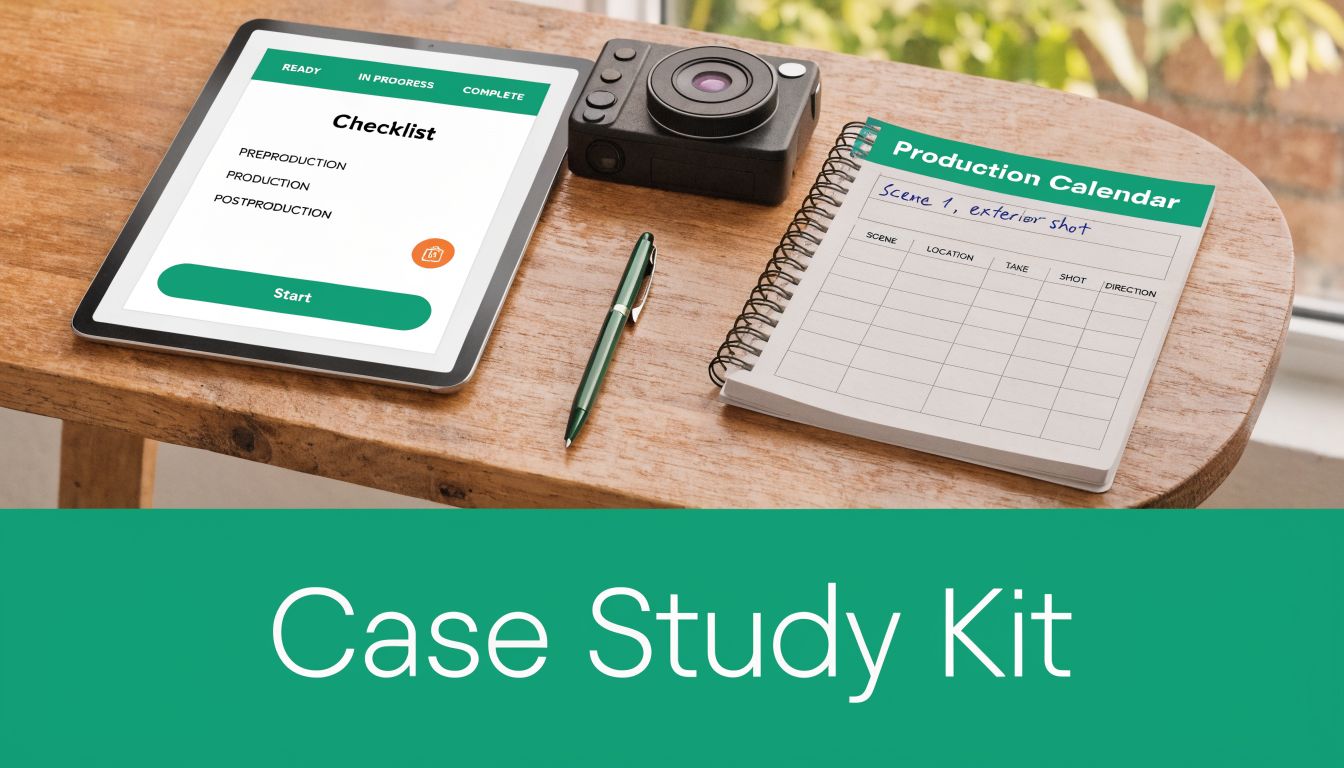 A tablet with a checklist, a camera, a pen, and a production calendar on a wooden table.