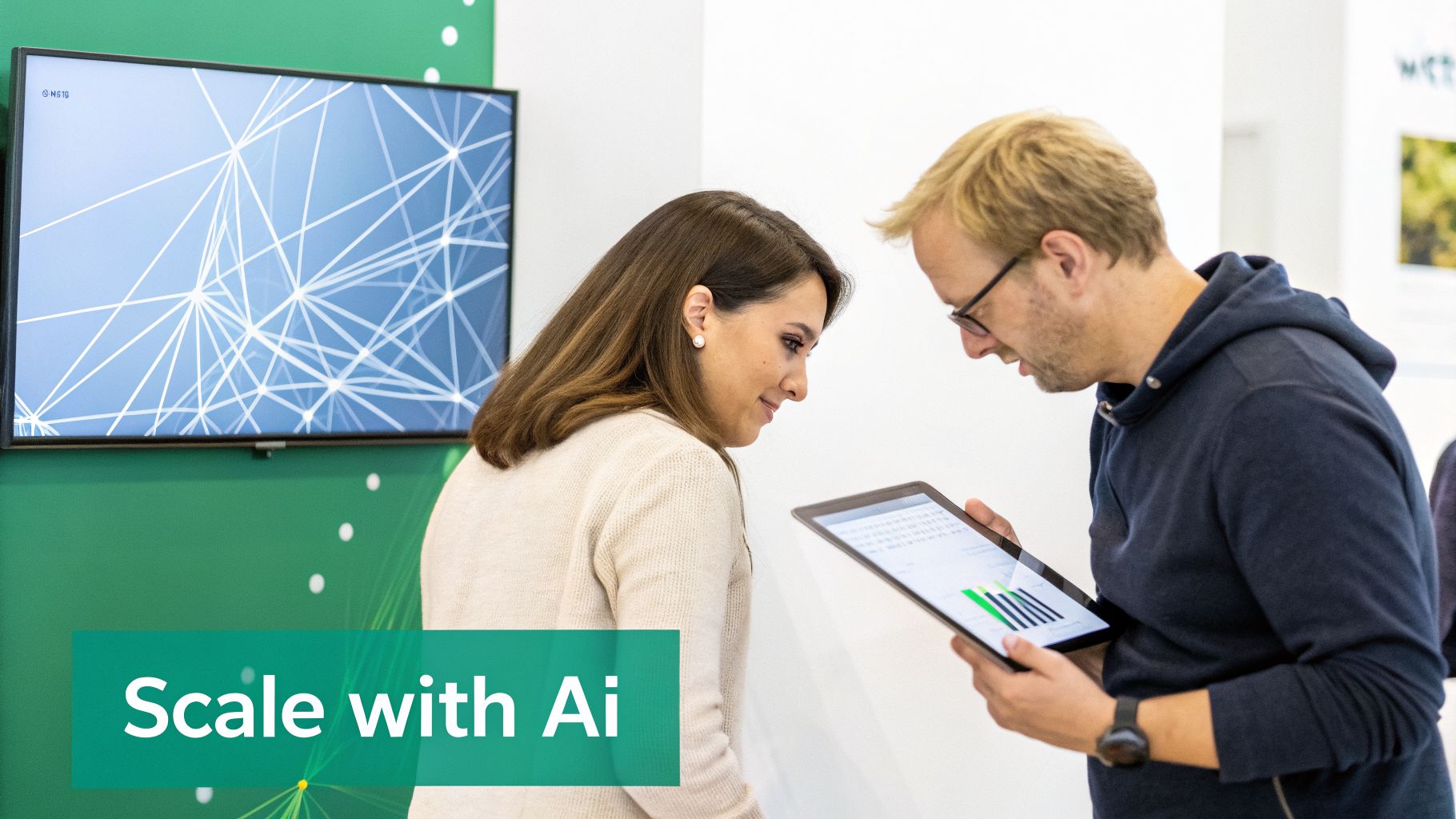 Two professionals collaborate, discussing data on a tablet, with 'scale with ai' displayed on a green wall.