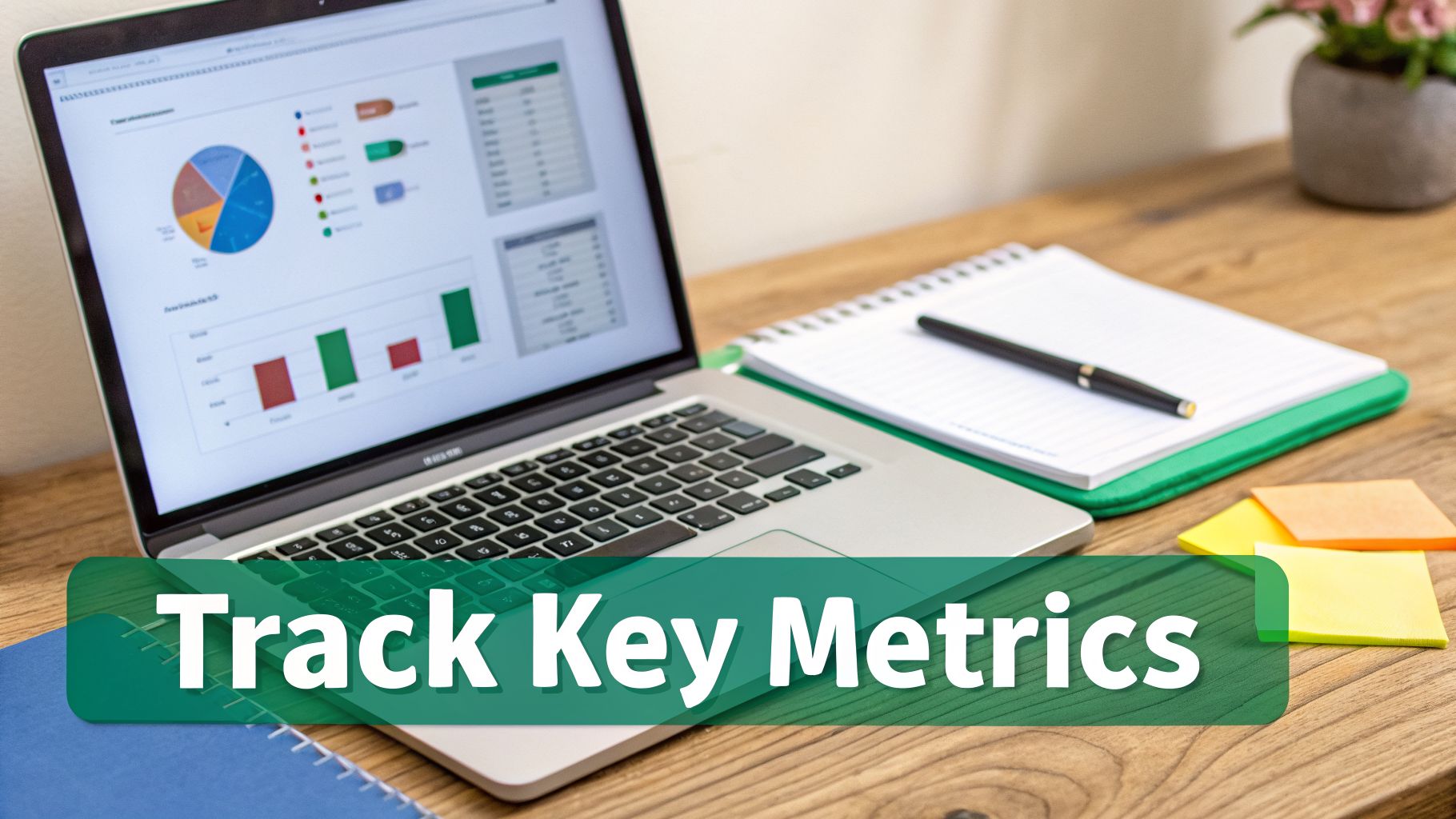 Laptop screen displays financial charts and graphs for tracking key metrics on a wooden desk with a notebook and sticky notes.