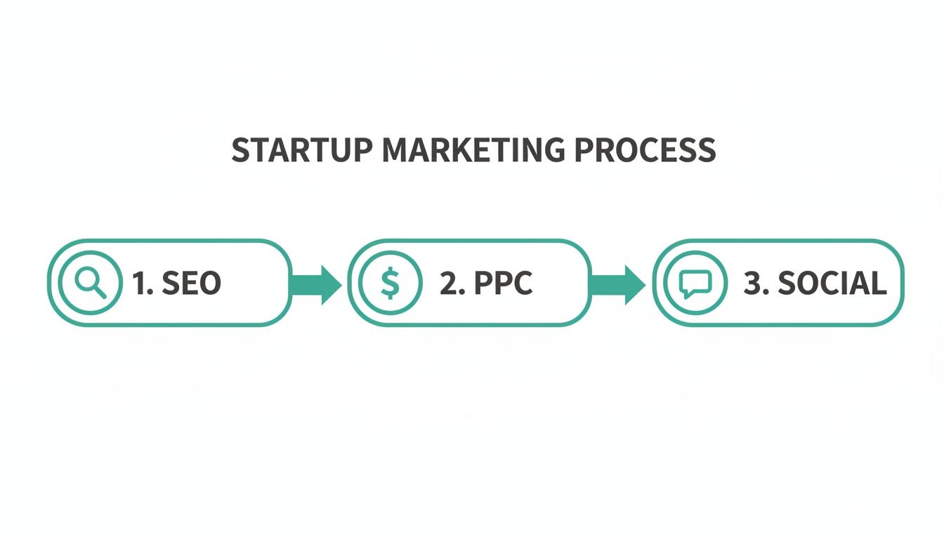 A diagram illustrating the startup marketing process, featuring steps like seo, ppc, and social media.