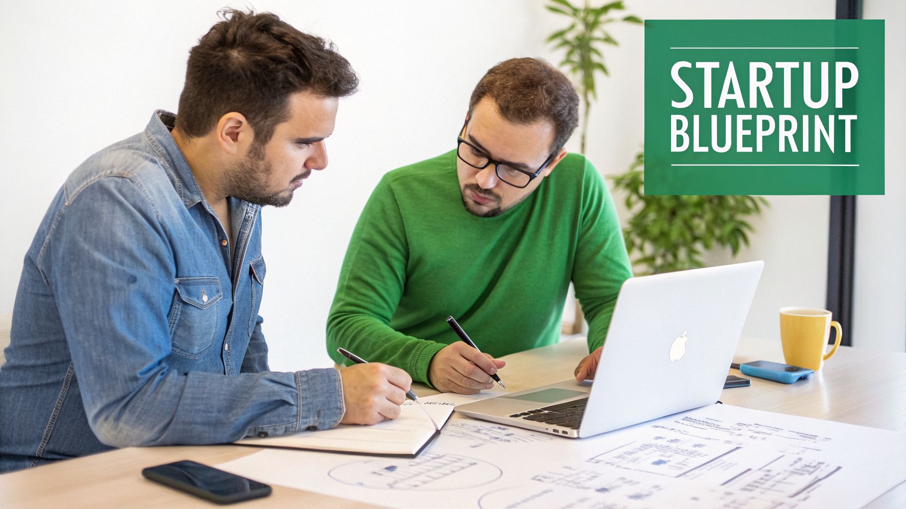Two men collaborating on a business plan with a laptop and documents, symbolizing a startup blueprint.