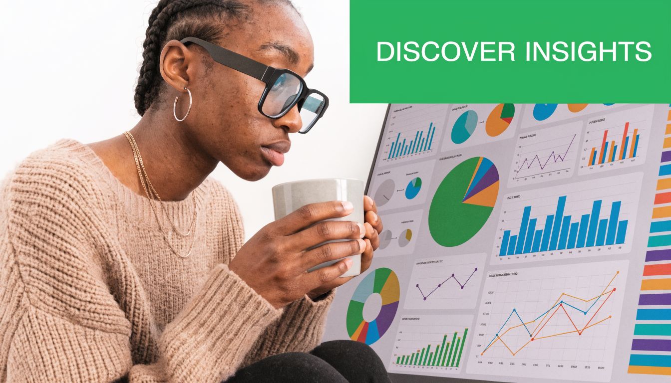 A woman in a beige sweater looks at a display screen featuring various colorful data charts.