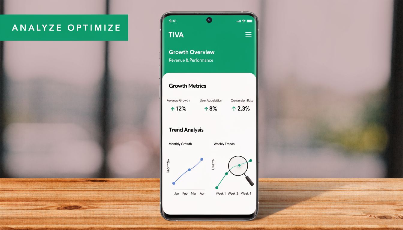 A smartphone display showing a tiva dashboard with growth metrics and performance trend charts for business analysis.