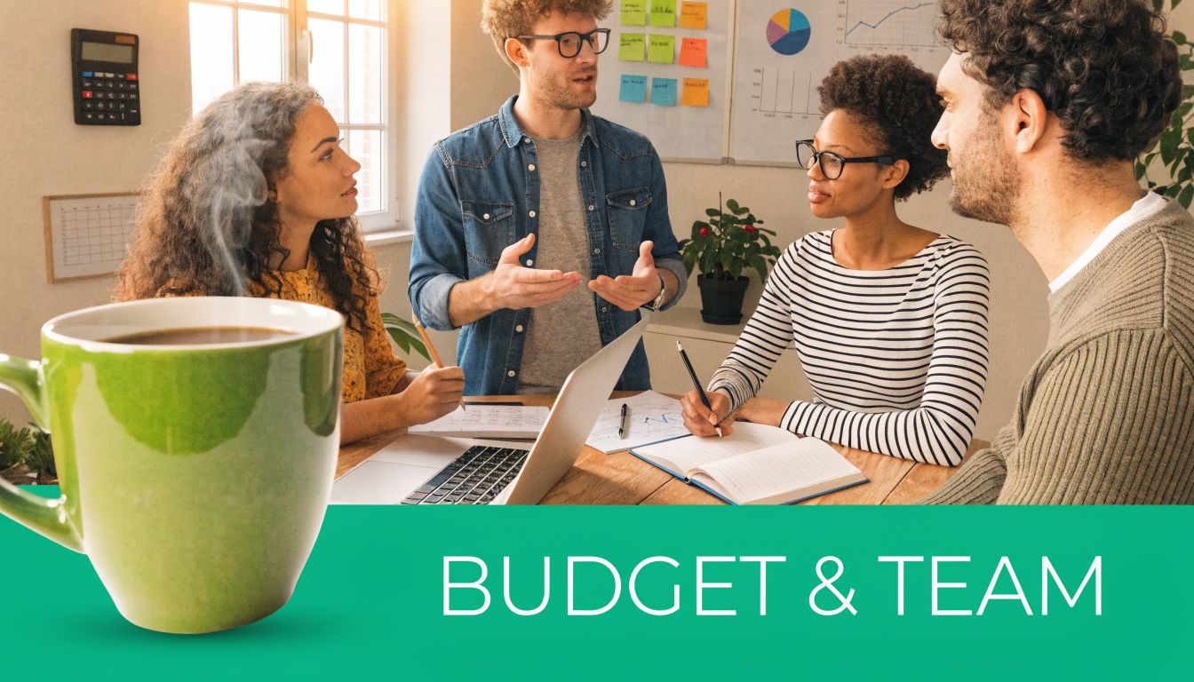 A diverse business team discussing a project in an office with a coffee mug in the foreground.