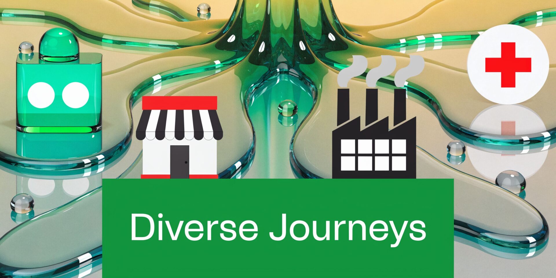 A digital graphic showing icons for a robot, retail store, factory, and medical cross representing diverse business journeys.