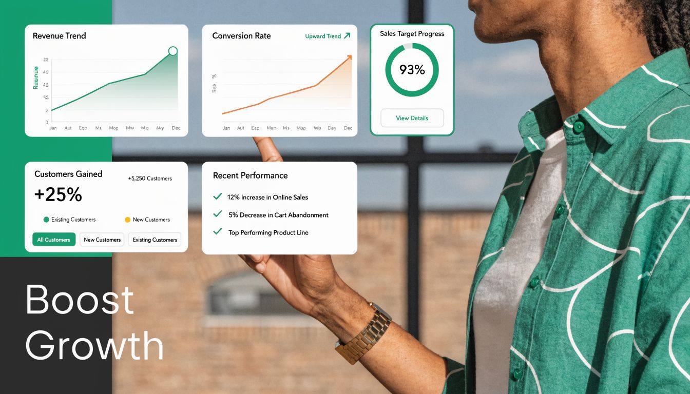 A person interacting with a digital dashboard displaying various business growth metrics, trends, and sales progress data.