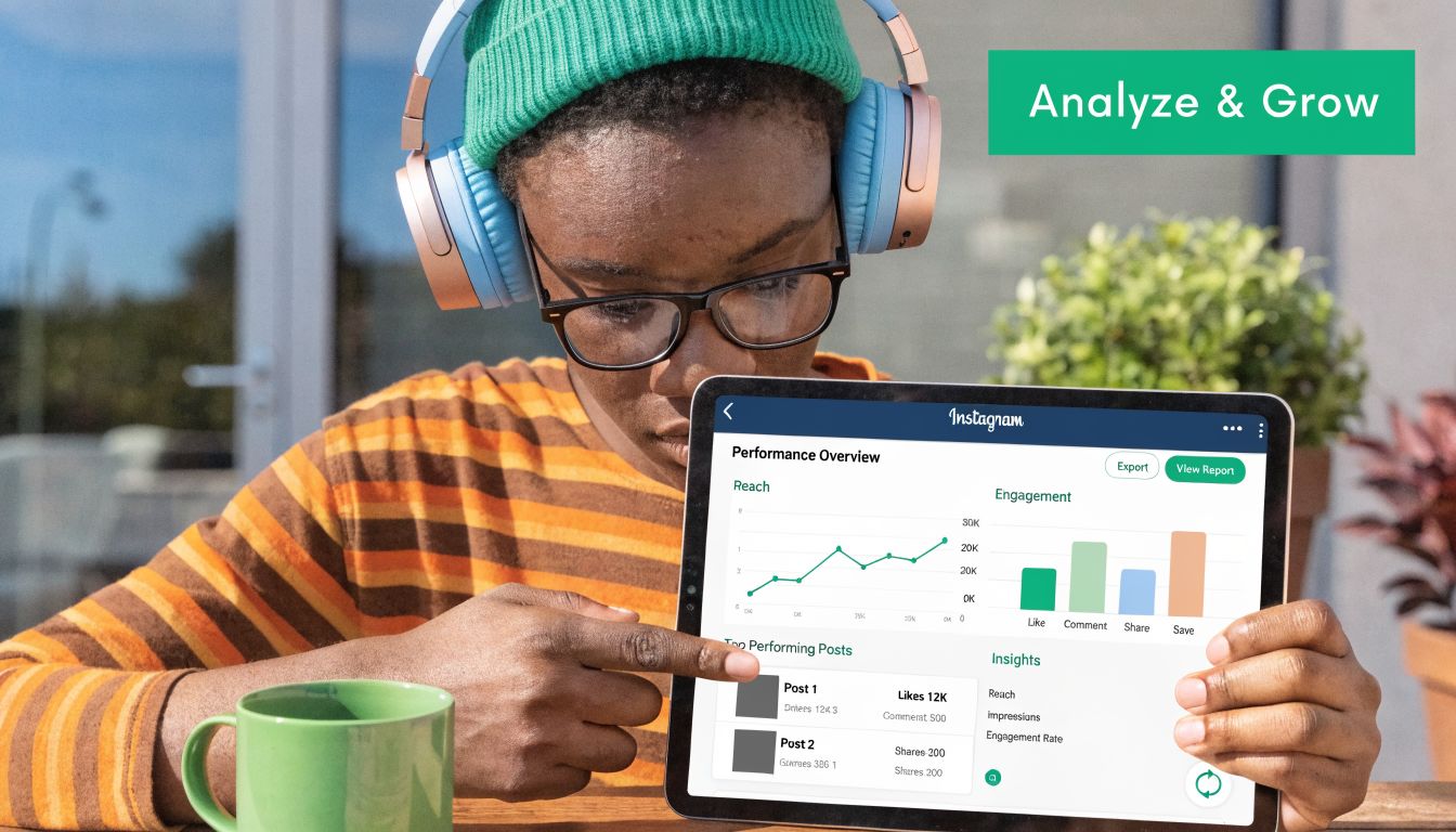 A person using a tablet to analyze instagram performance metrics like reach, likes, and engagement statistics.