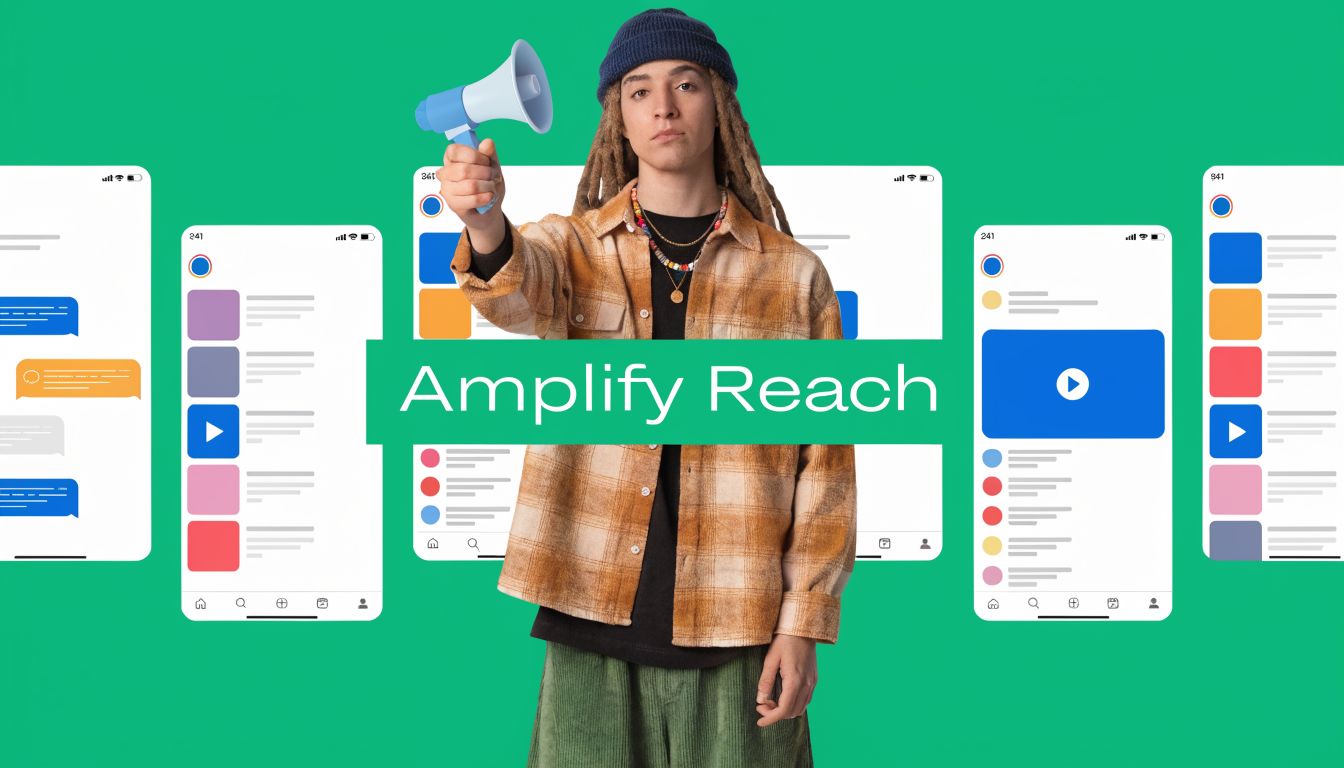 A young person with dreadlocks holding a megaphone in front of digital social media interface screens.