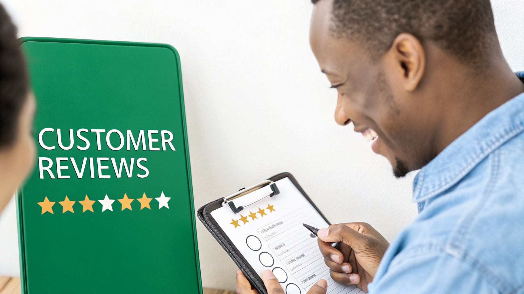 A smiling man fills out a customer review form, with a 'customer reviews' sign and star ratings visible.
