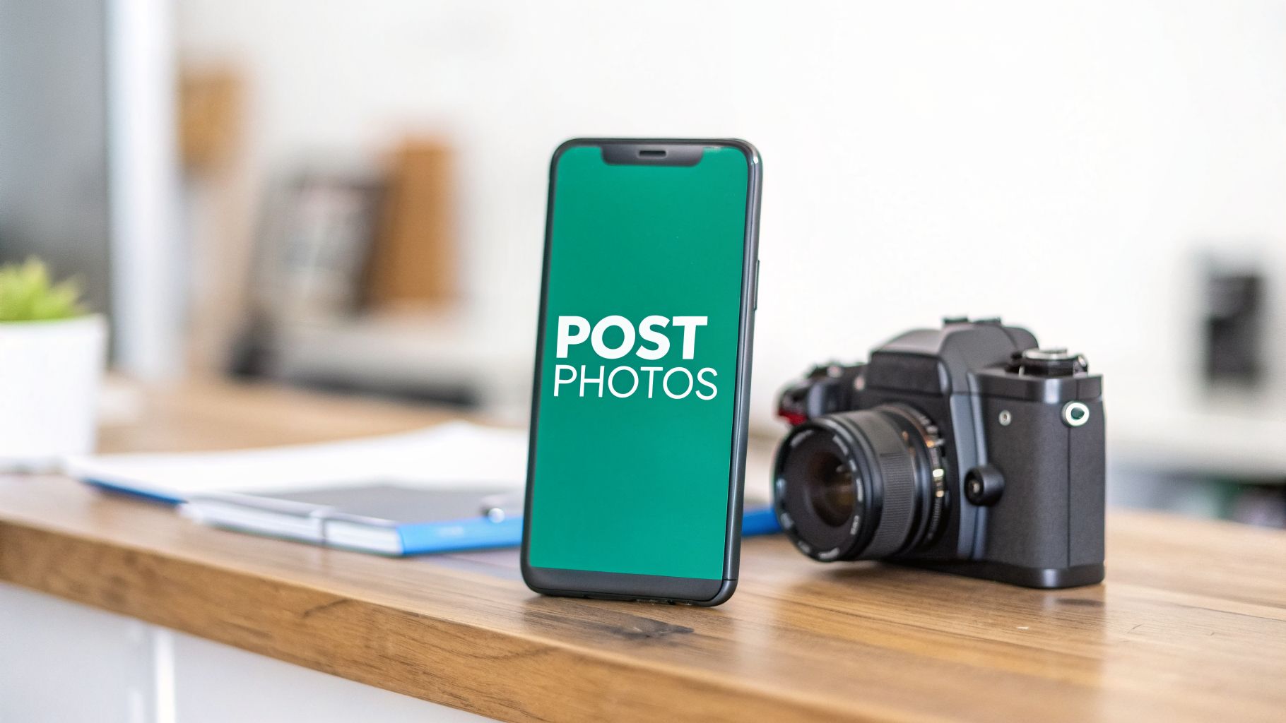 A black smartphone displaying "post photos" next to a professional dslr camera on a wooden office desk.