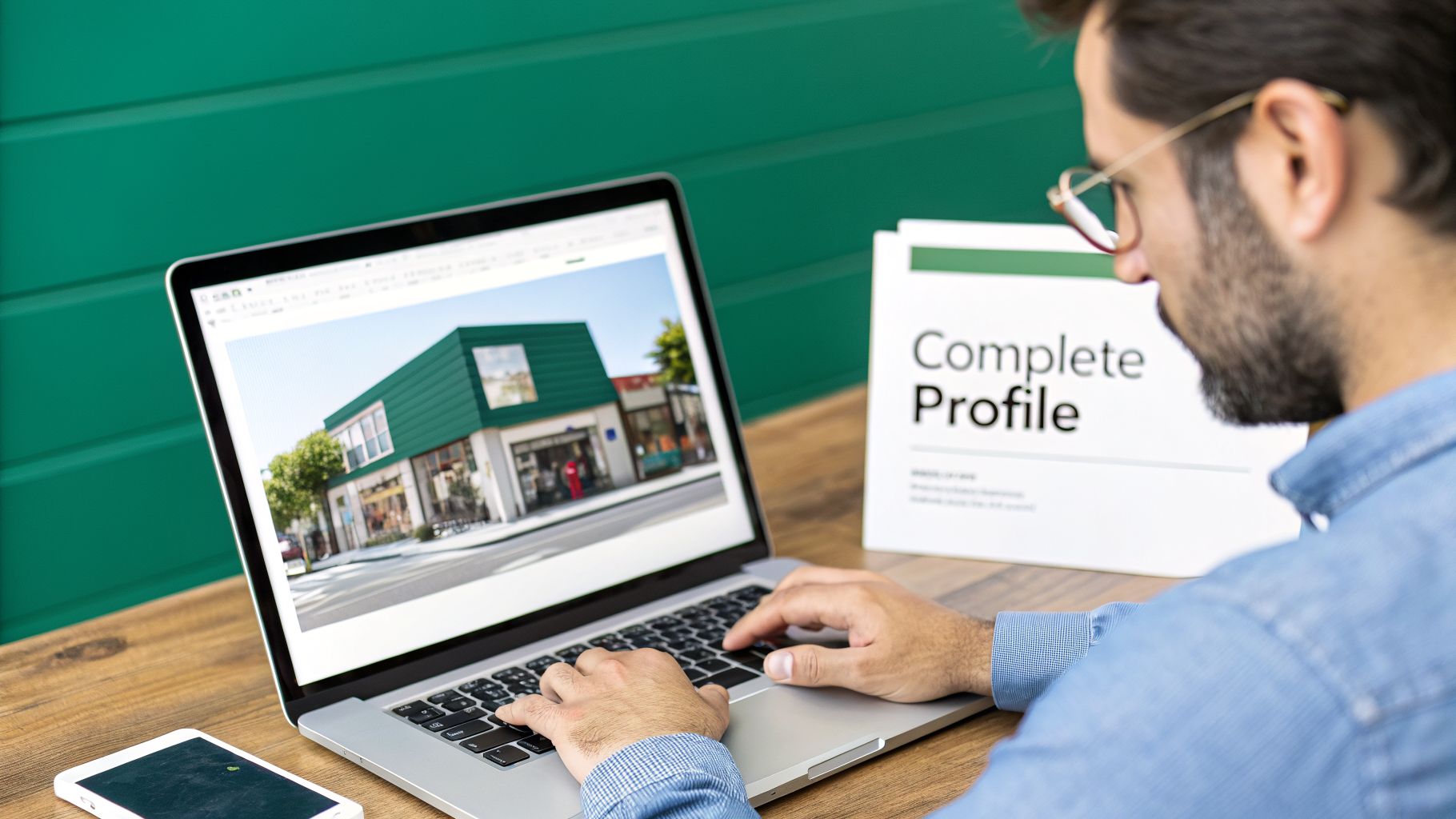 A man with glasses types on a laptop displaying a green-roofed storefront building. A 'complete profile' document is on the table.