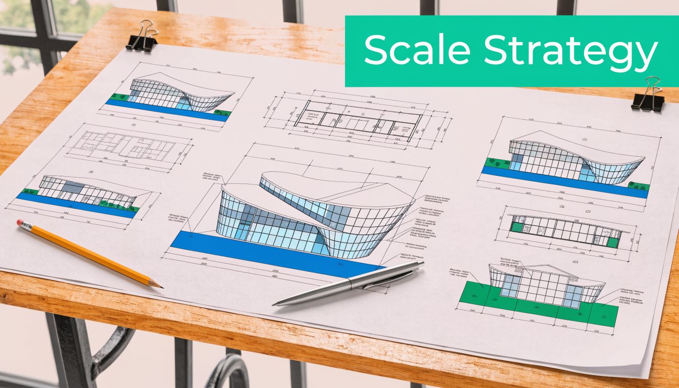 A professional architectural drawing of modern buildings laid out on a wooden table with writing tools.