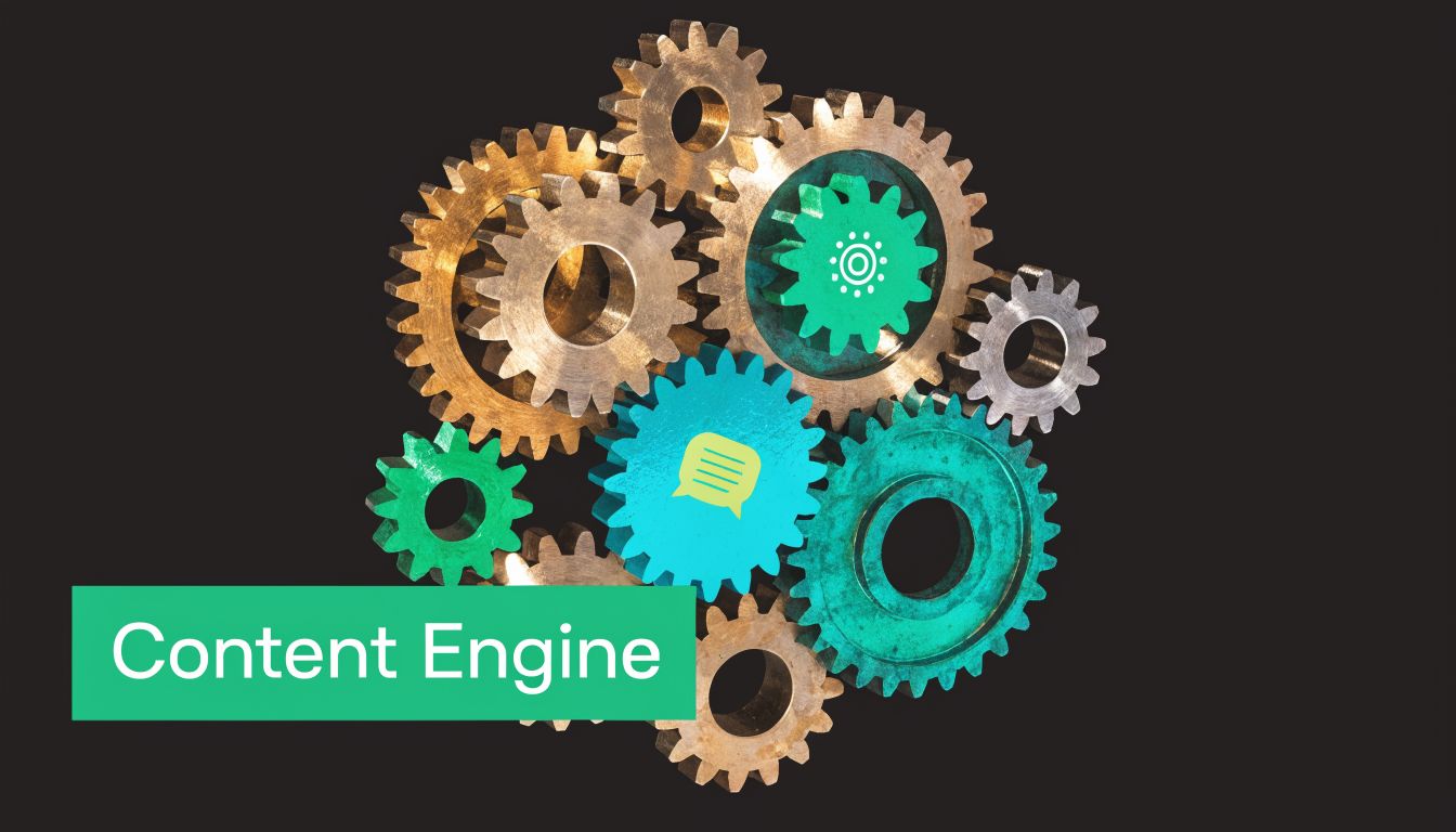 A 3d render of interconnected gears with a speech bubble icon, representing a digital content marketing system.