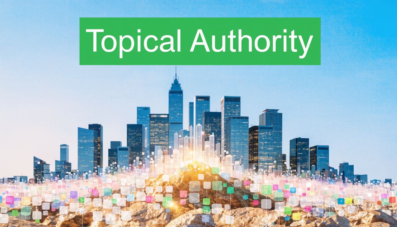A modern city skyline layered with colorful digital squares representing topical authority in content marketing strategies.