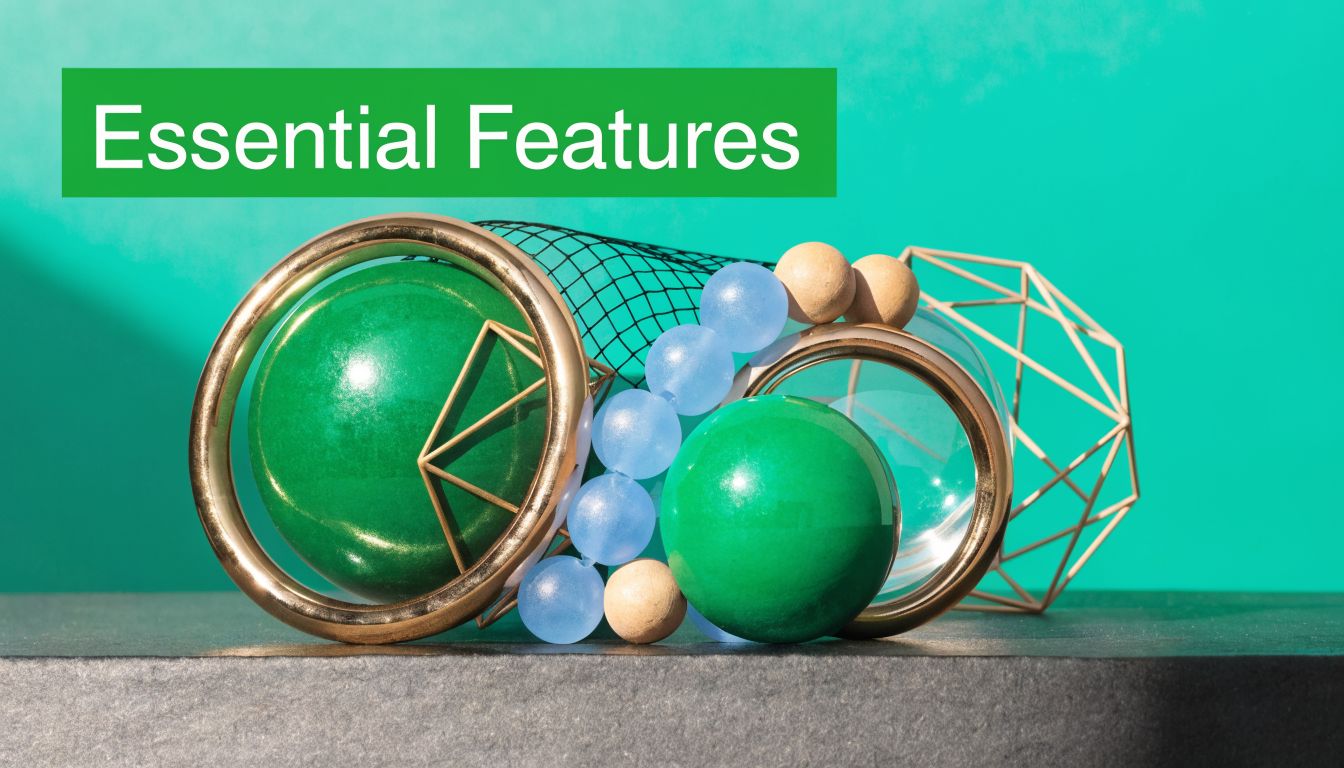 A creative composition of green, blue, and wooden spheres with gold geometric structures on a textured surface.