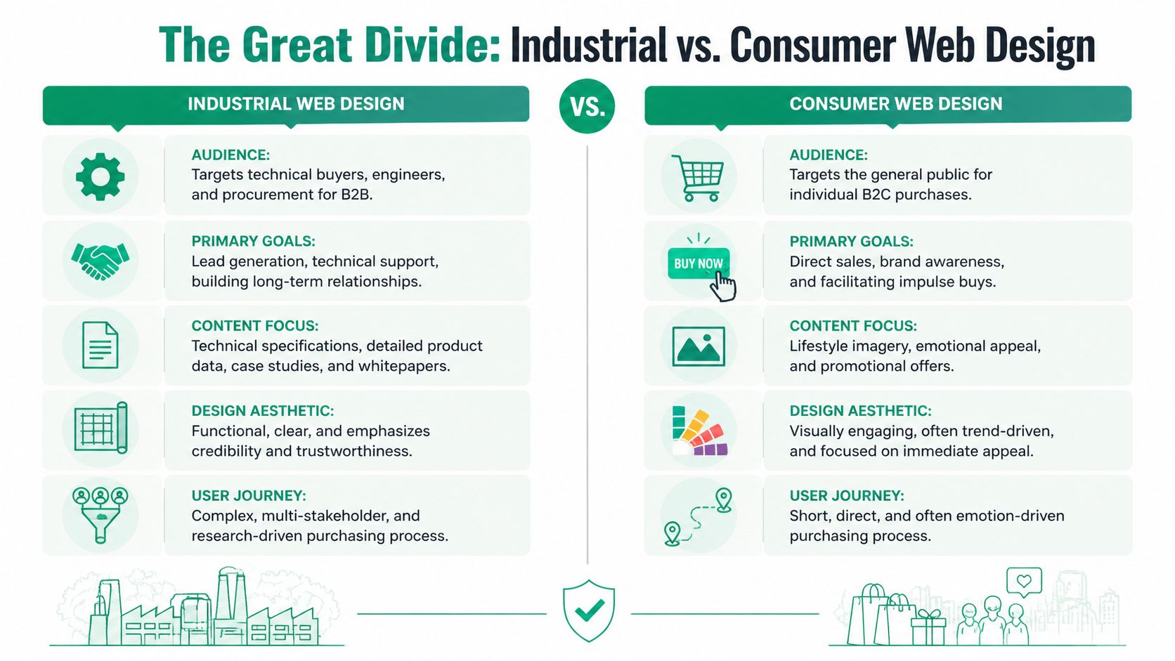 A comparison chart showing the key differences between industrial b2b and consumer b2c web design strategies.
