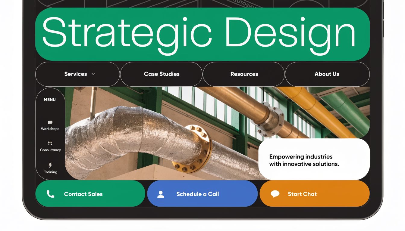 A digital screen displaying a website for strategic design featuring industrial pipes and professional service links.