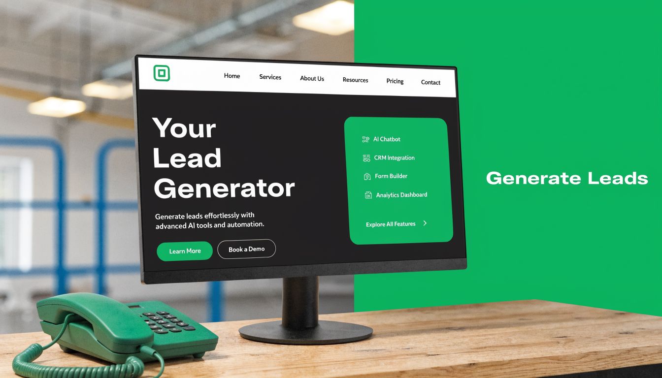 Computer monitor on a wooden desk displaying a professional industrial web design for a lead generation platform.