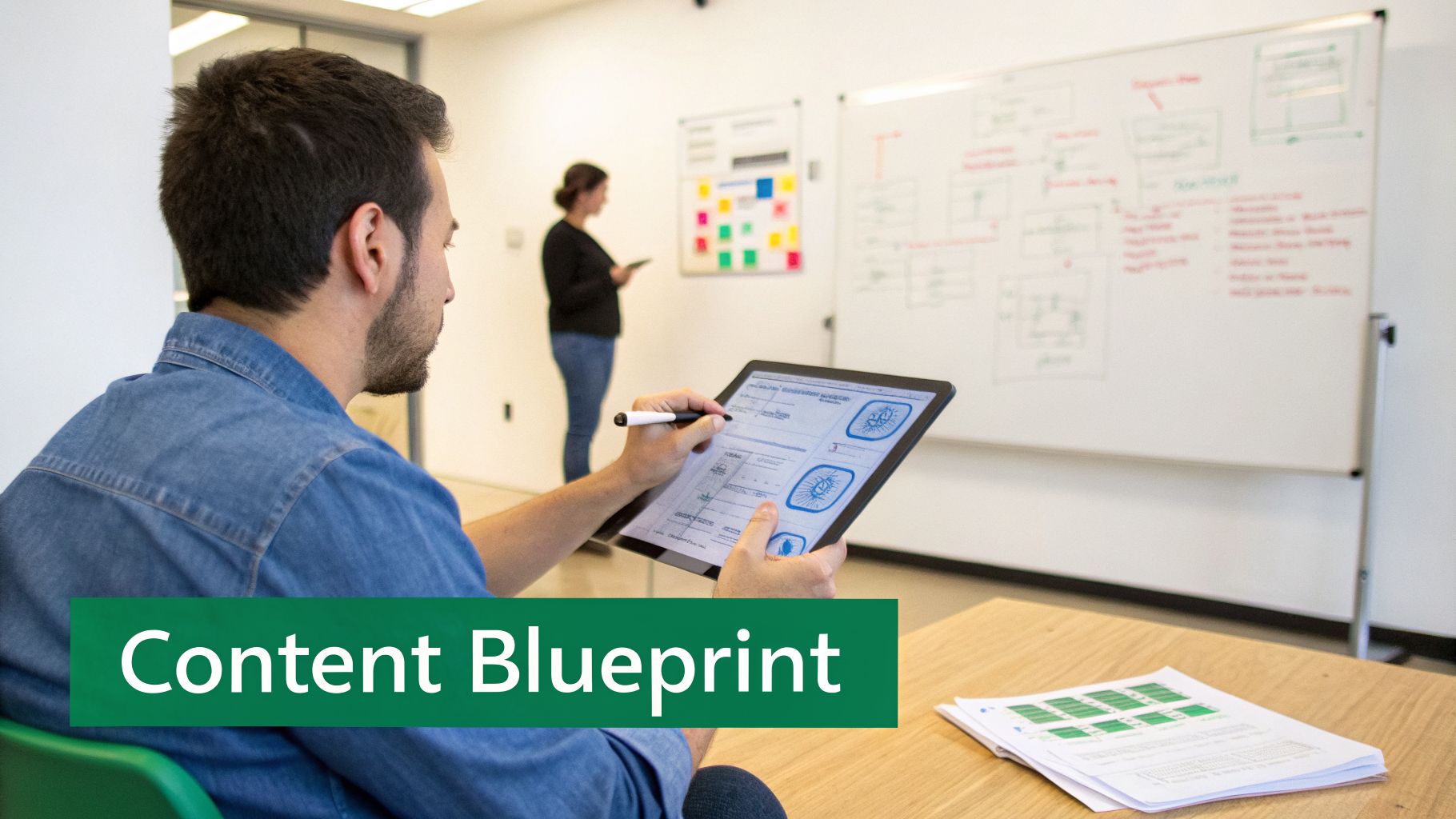 Man in denim shirt using a stylus on a tablet, working on a "content blueprint" in an office.