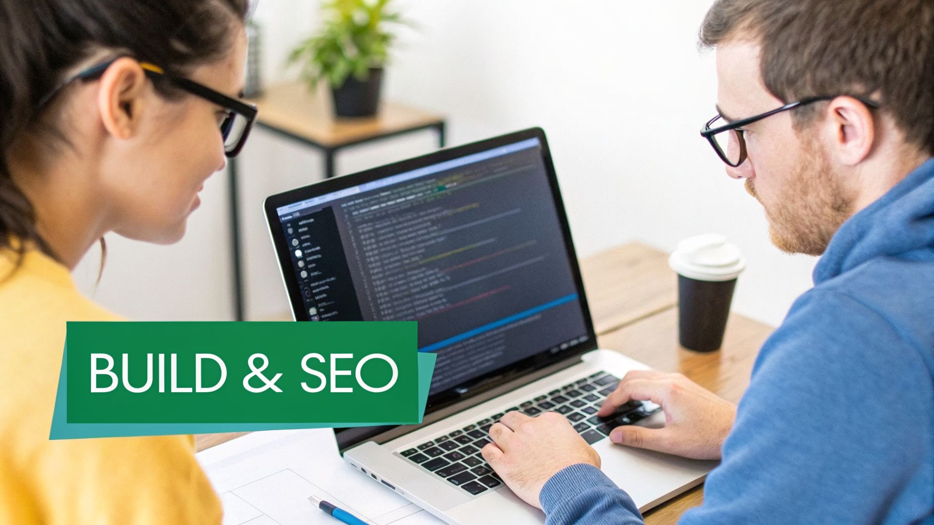Two developers collaborating on a laptop, coding and building a website with a focus on seo.