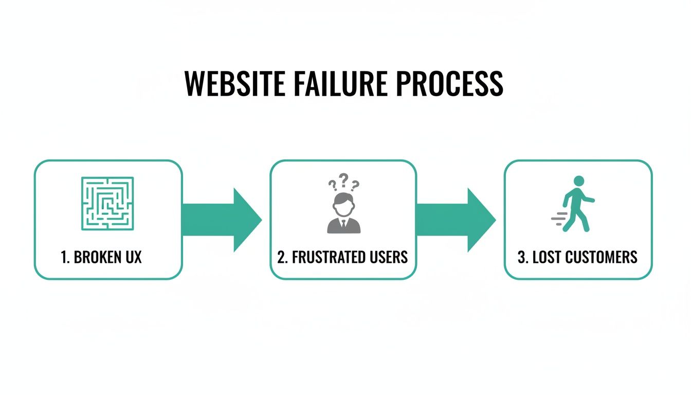 A flowchart showing how broken ux leads to frustrated users and ultimately lost customers.