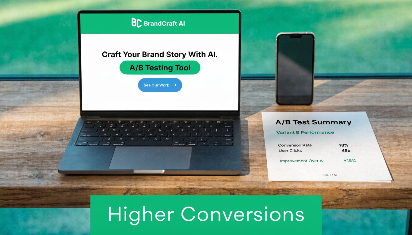 A laptop displays brandcraft ai software alongside a phone and a summary document showing a/b testing results.