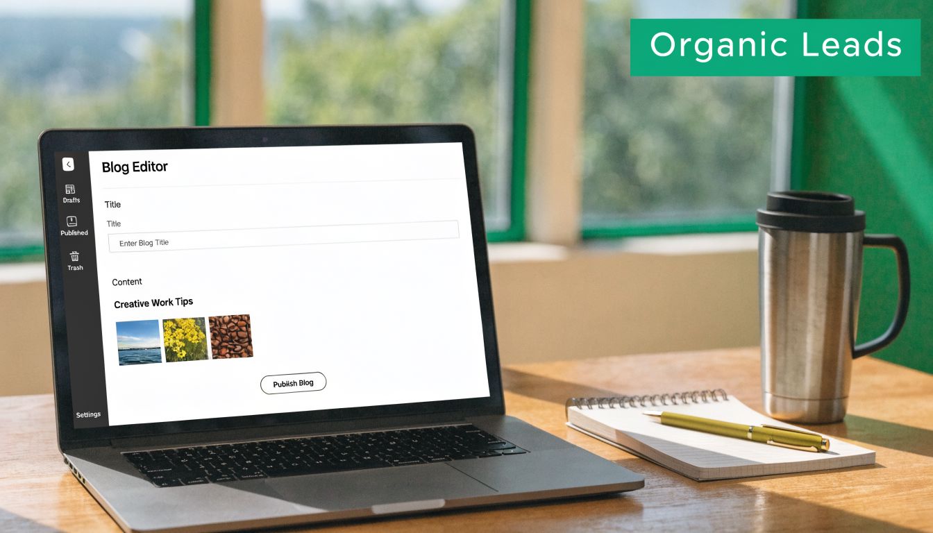 A laptop on a wooden desk displaying a blog editor interface next to a notebook and coffee mug.