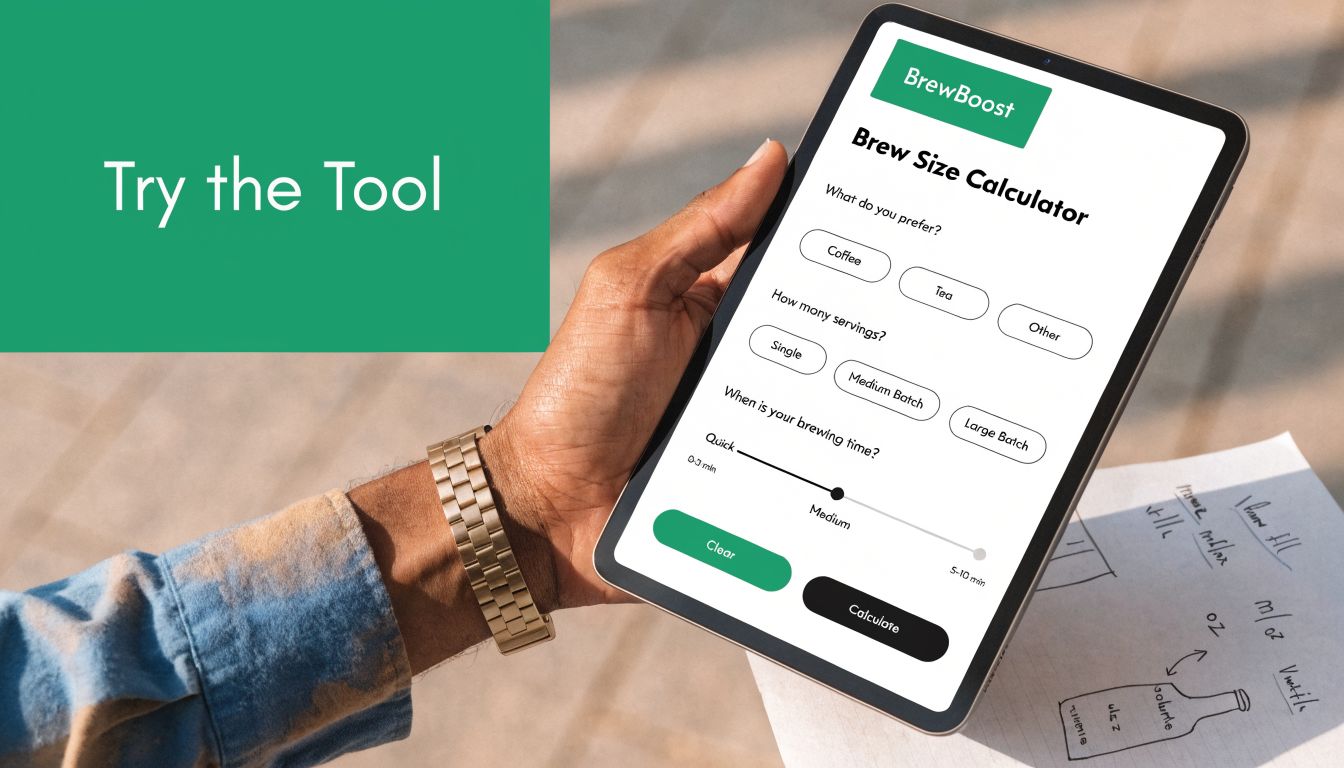 A person holding a tablet displaying a brewboost brew size calculator interface to optimize beverage preparation.