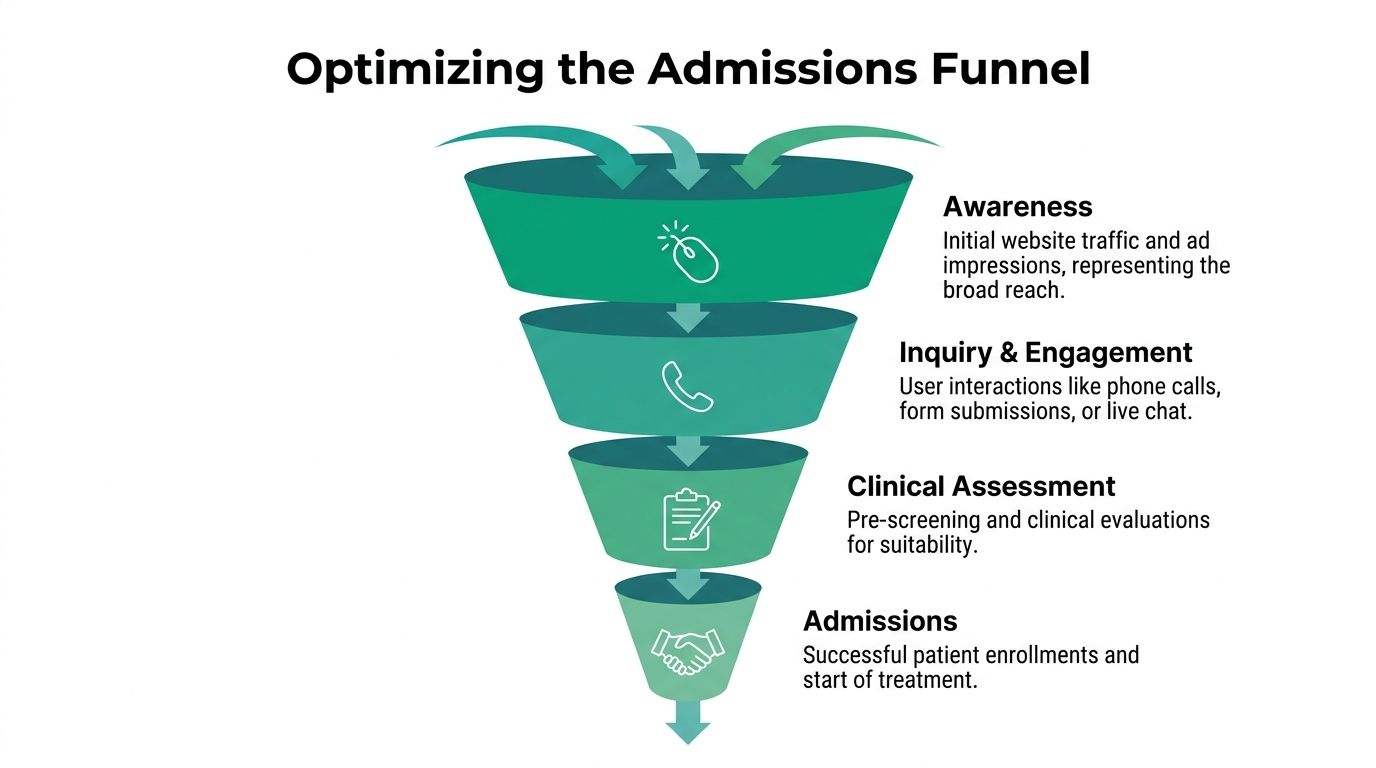 A diagram illustrating the four stages of the addiction treatment admissions funnel from awareness to enrollment.