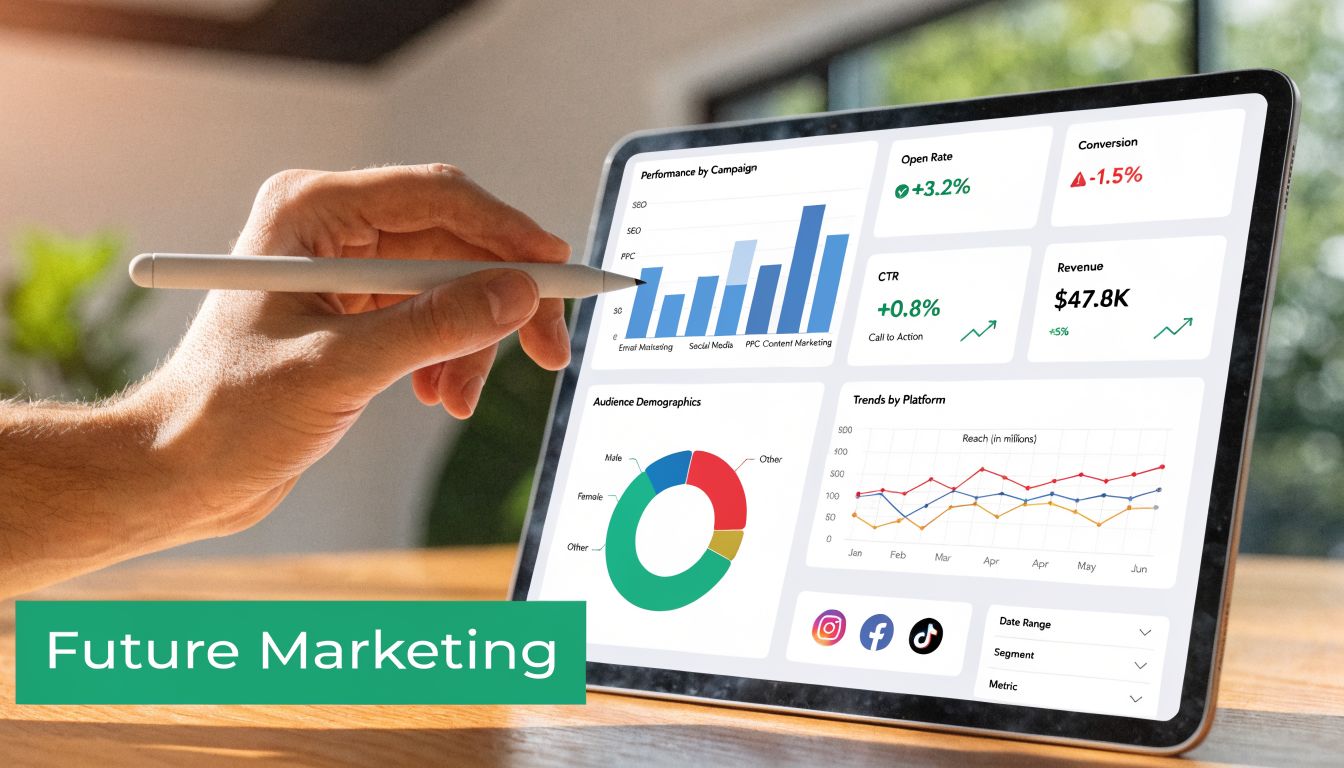 A close-up view of a person using a stylus on a tablet showing digital marketing analytics dashboard.