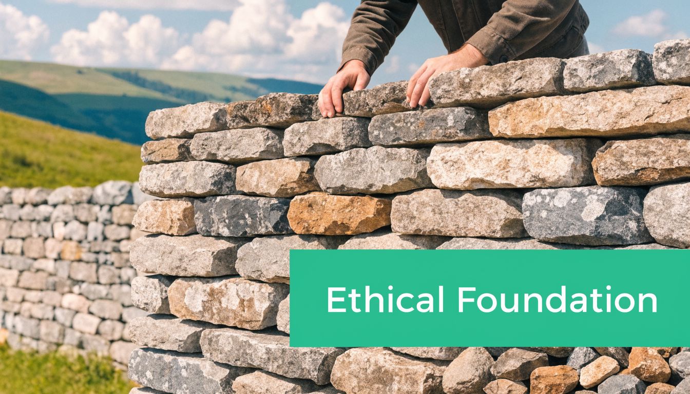 A person builds a stone wall with the text ethical foundation superimposed over the image.