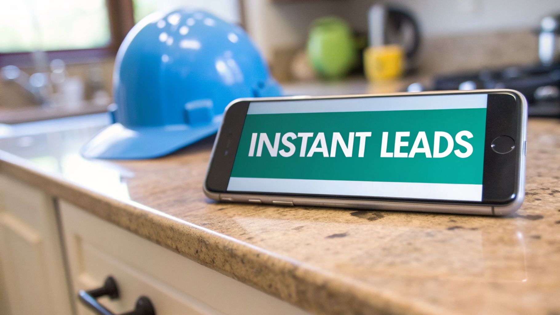 Smartphone displaying 'instant leads' on a green screen next to a blue hard hat on a kitchen counter.