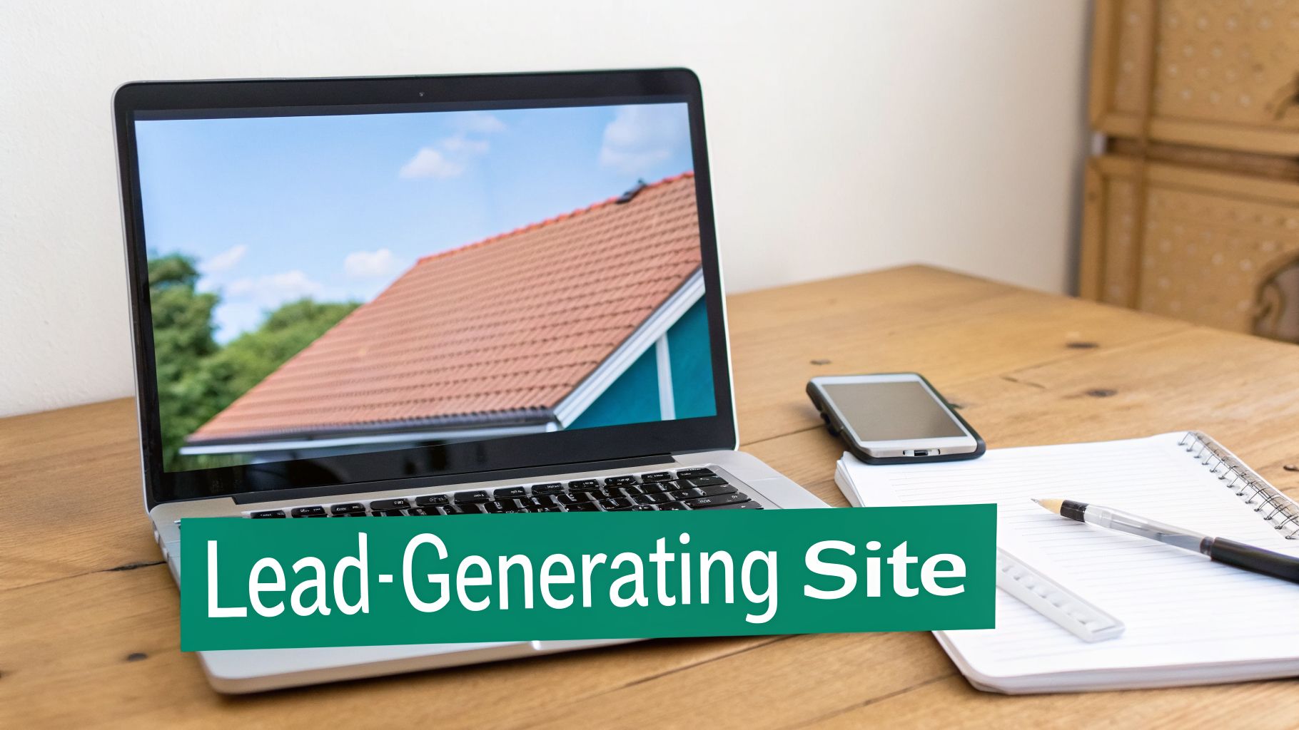 Laptop showing a house roof, with smartphone, notebook, and 'lead-generating site' text on a wooden desk.