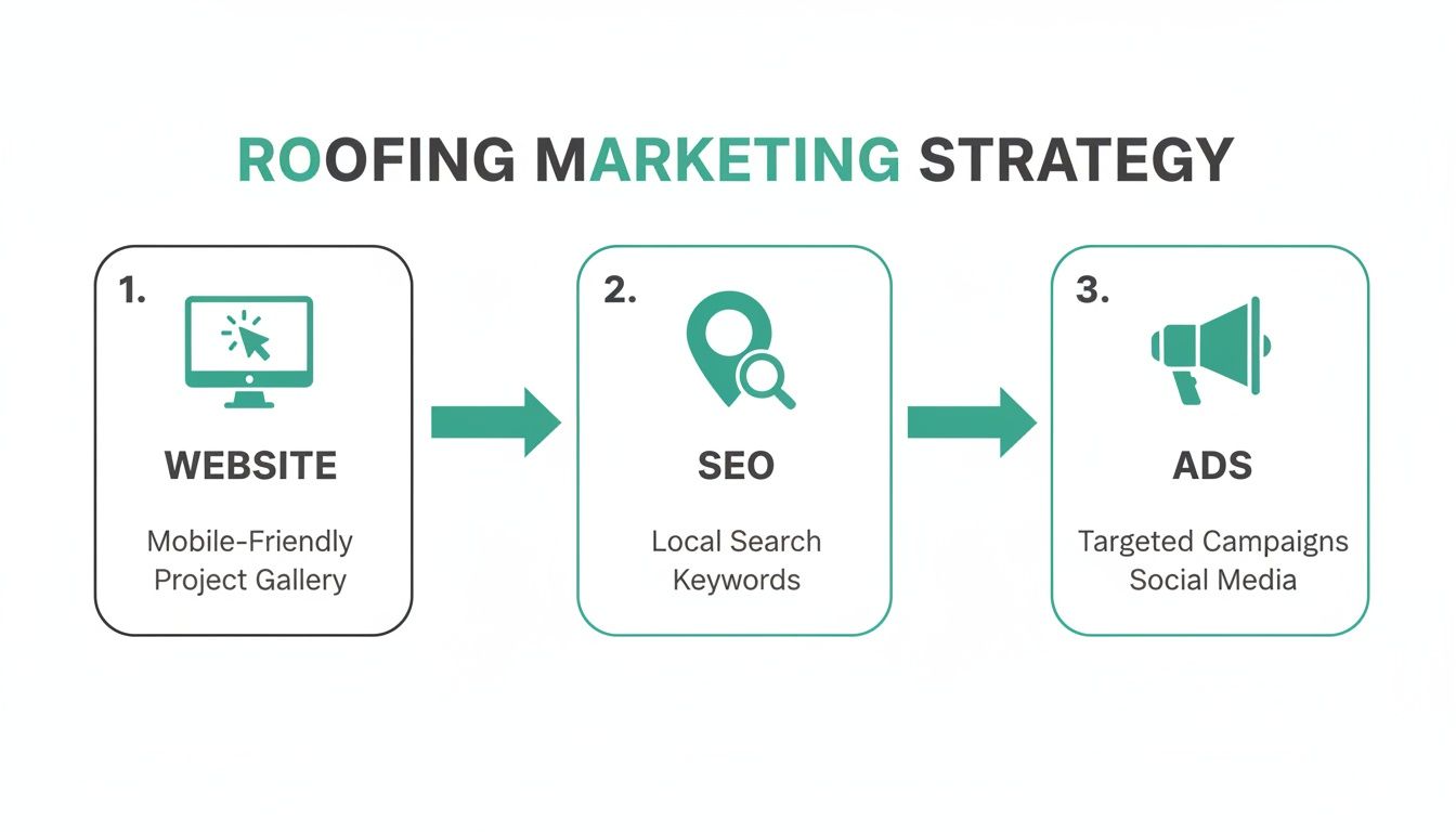 Flowchart detailing a roofing marketing strategy, including website, seo for local search, and targeted ad campaigns.