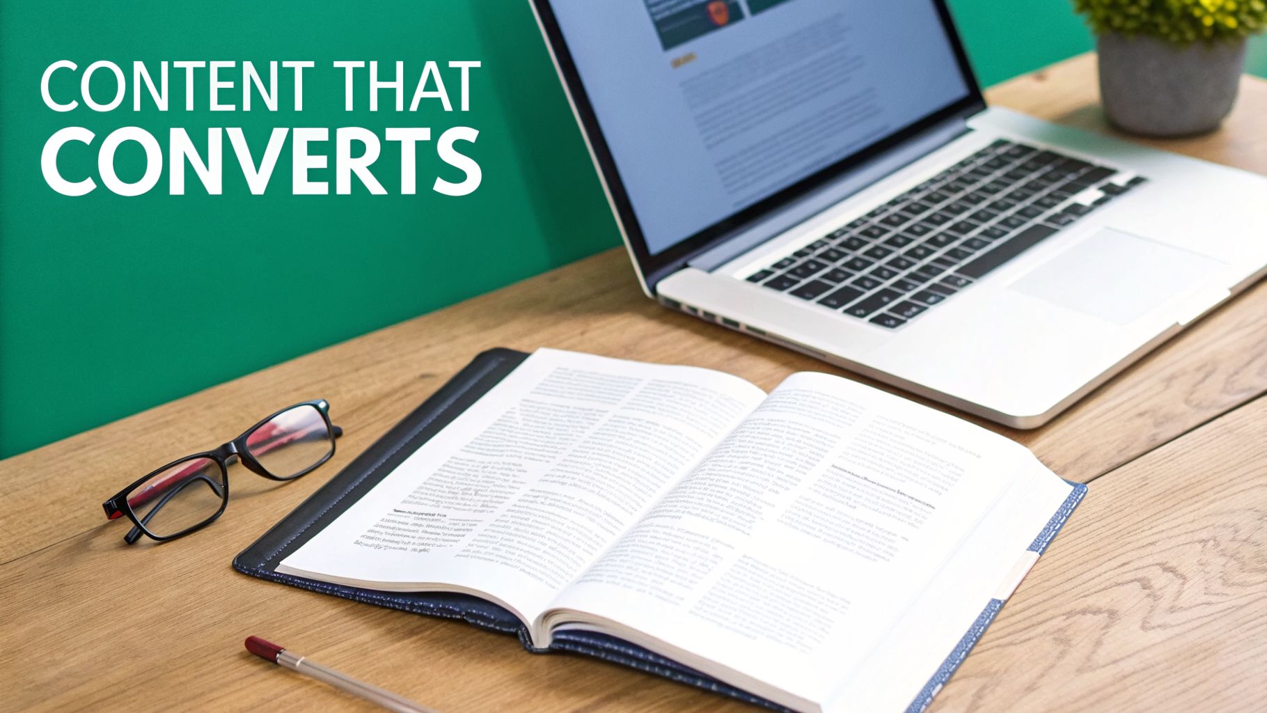 Desk scene featuring an open book, reading glasses, a laptop, and the text 'content that converts'.