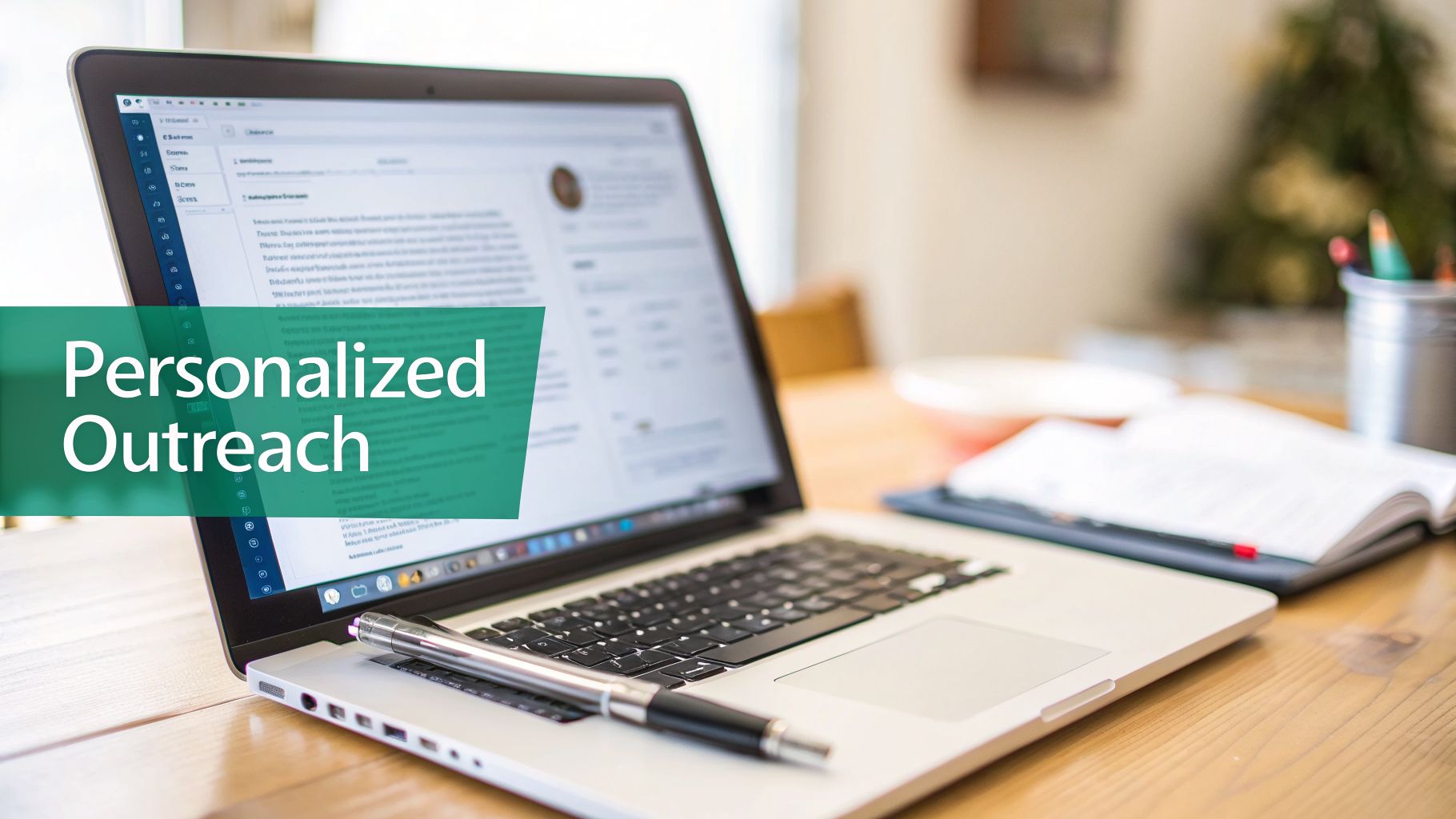 A laptop displaying a personalized outreach message on screen, with a pen and notebook on a wooden desk.