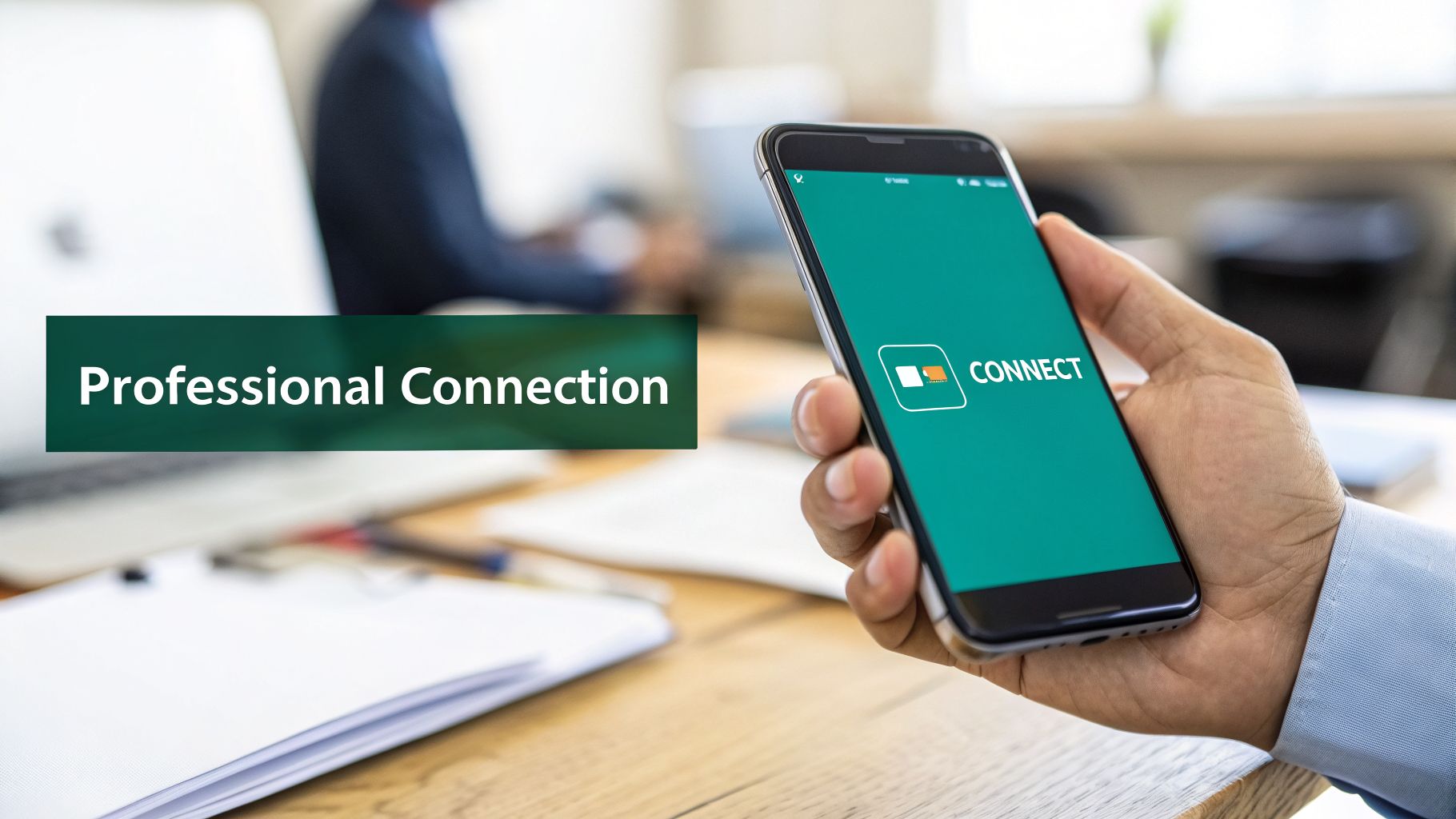 A person holding a smartphone displaying 'connect' in an office setting, representing professional connection.